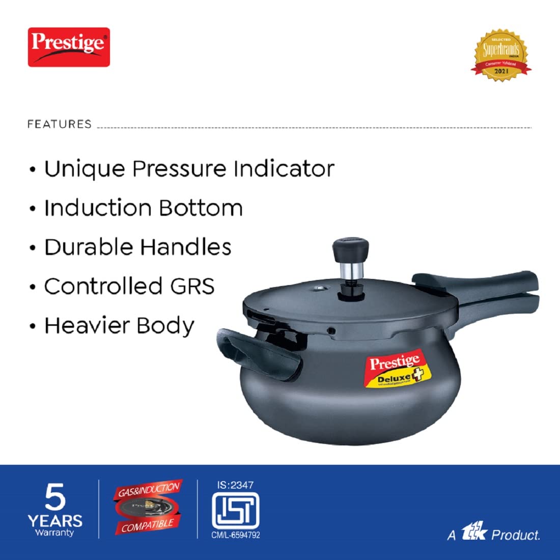 Prestige Deluxe Plus Hard Anodised Aluminium Outer Lid Pressure Cooker Handi, 3 Litre, Black, 3 Liter - Alternate View